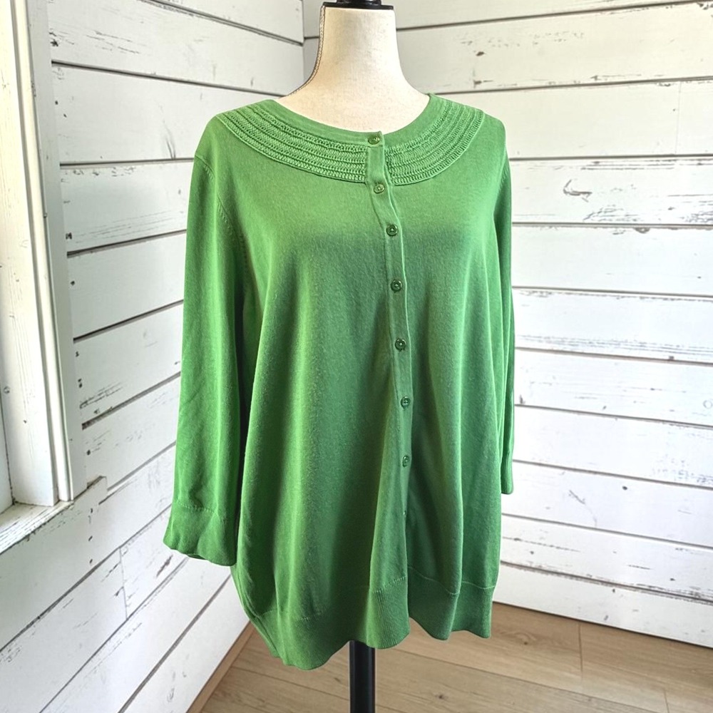 Cardigan Talbots 2X Kelly Green Cotton/Rayon Crochet Yoke Sweater Preppy Classic